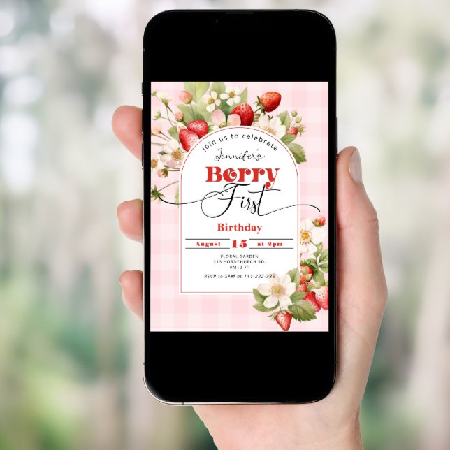 Strawberry Berry First  1st birthday party Invitation (Front Digital)