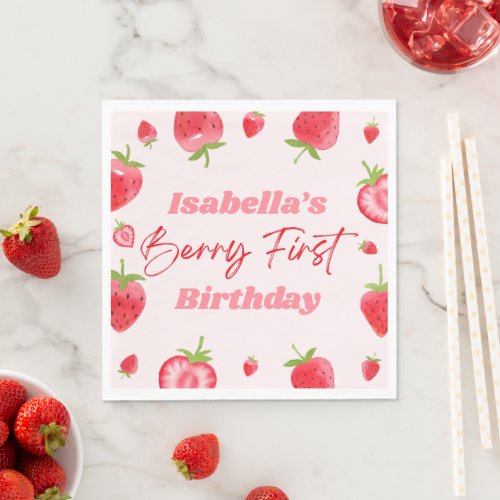 Strawberry Berry First 1st Birthday Party Napkins