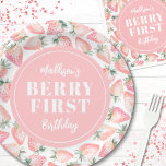 Strawberry Berry First 1st Birthday Party Paper Plates<br><div class="desc">A cute and girly Berry First 1st birthday paper plate design featuring a watercolor pink strawberry pattern with green leaves around the edge. The center of the plate has a soft pink circle with Kid's Name BERRY FIRST Birthday in white, adding a sweet and personalized touch. This design is perfect...</div>