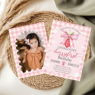 Strawberry Berry First 1st Birthday Party Photo  Invitation