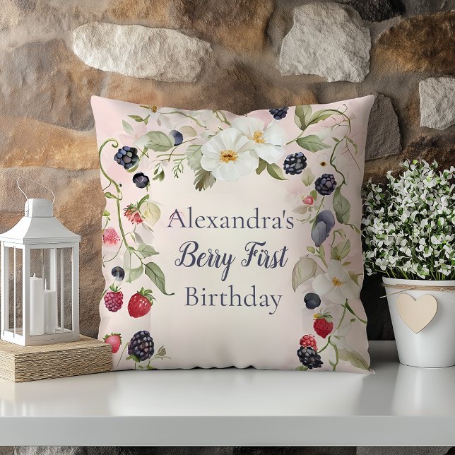  Strawberry Berry First 1st Birthday Party  Throw Pillow (Creator Uploaded)