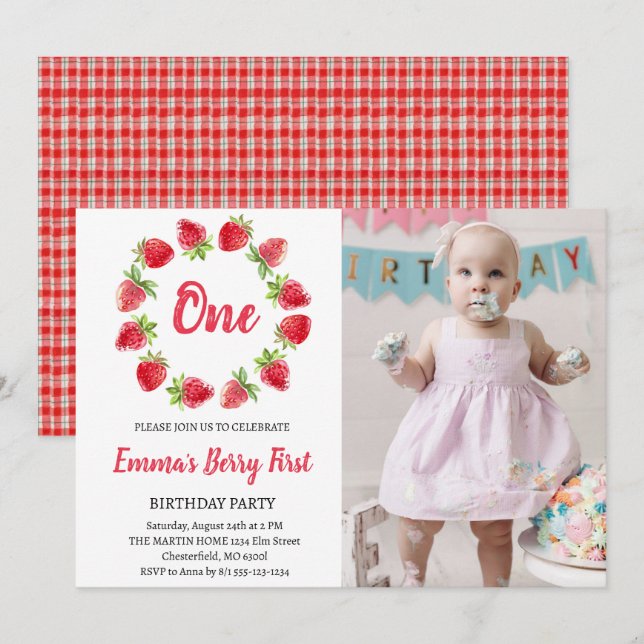 Strawberry Berry First 1st Birthday Photo Invitation (Front/Back)