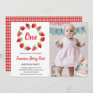 Strawberry Berry First 1st Birthday Photo Invitation
