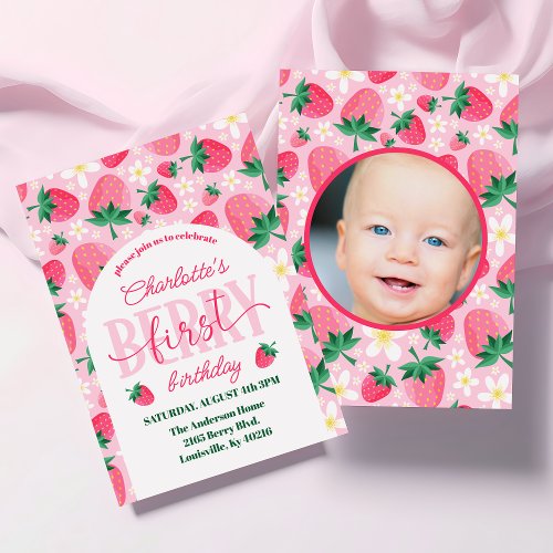 Strawberry Berry First 1st Birthday Photo Invitation