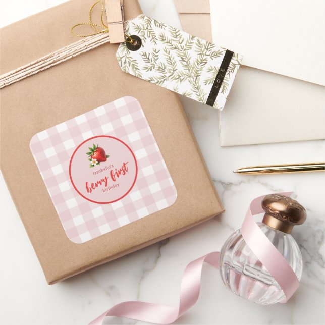 Strawberry Berry First 1st Birthday Pink Gingham Square Sticker (Gifting)