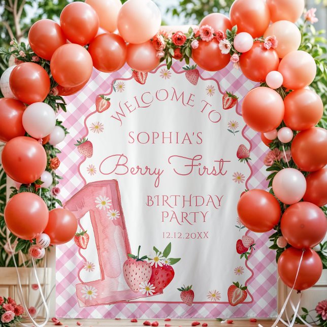 Strawberry Berry First 1st Birthday Wavy Welcome Tapestry (Creator Uploaded)