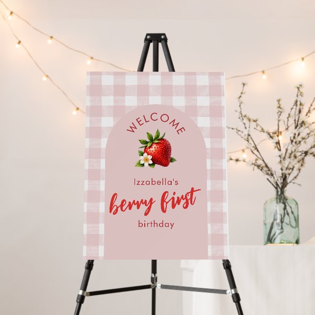 Strawberry Berry First 1st Birthday Welcome Sign (In Situ (Stand))