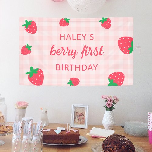 Strawberry Berry First 1st Cute Baby Pink Birthday Banner