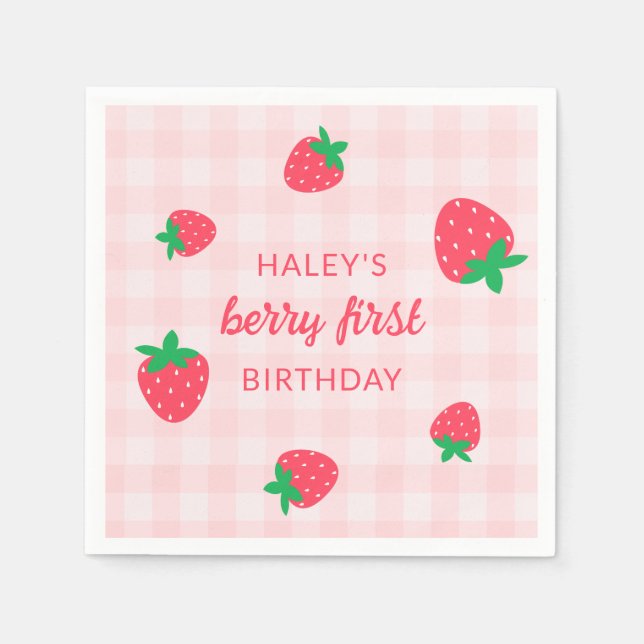 Strawberry Berry First 1st Cute Baby Pink Birthday Napkins (Front)