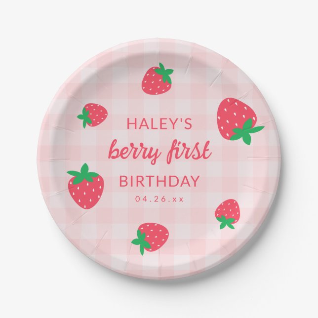 Strawberry Berry First 1st Cute Baby Pink Birthday Paper Plates (Front)