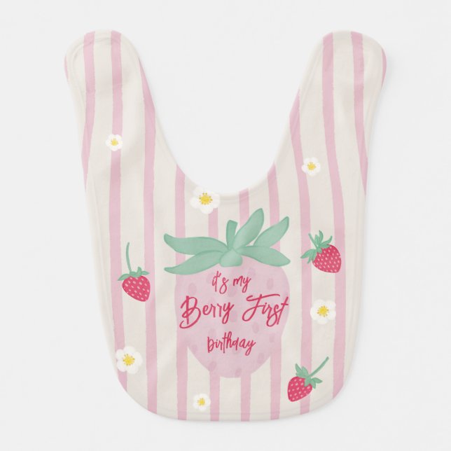Strawberry Berry First Birthday Baby Bib (Front)