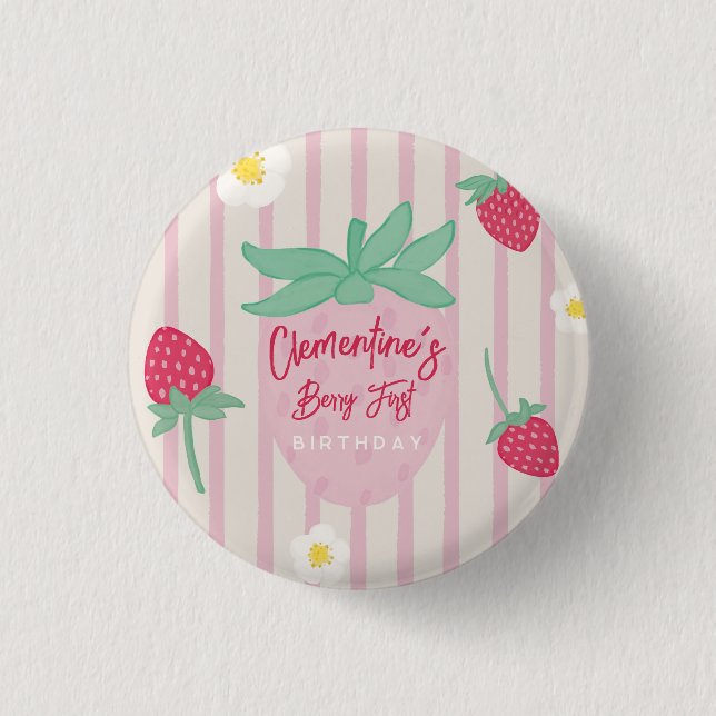 Strawberry Berry First Birthday  Button (Front)