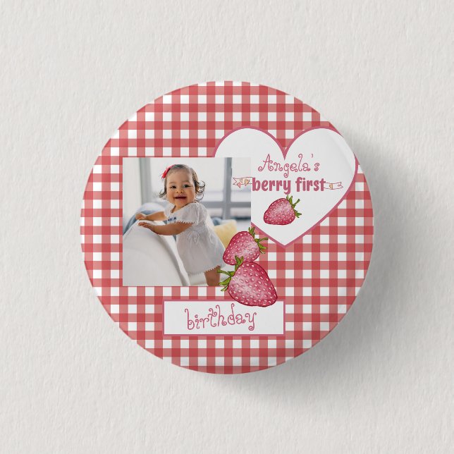 Strawberry Berry First Birthday Button (Front)