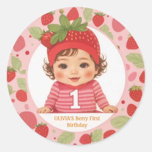 Strawberry Berry First Birthday Classic Round Stic Classic Round Sticker