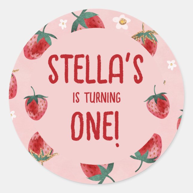 Strawberry Berry First birthday Classic Round Sticker (Front)