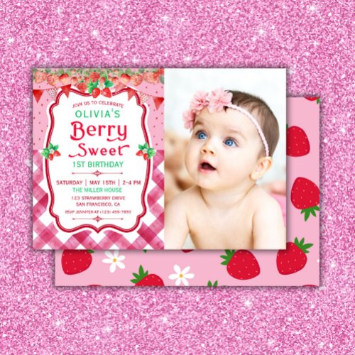 Strawberry Berry First Birthday Girl Party Invitation