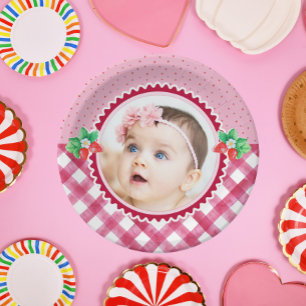Strawberry Berry First Birthday Girl Party Photo Paper Plates