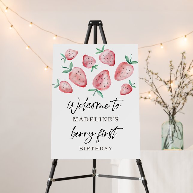 Strawberry Berry First Birthday Girl Sweet Welcome Foam Board (In Situ (Stand))