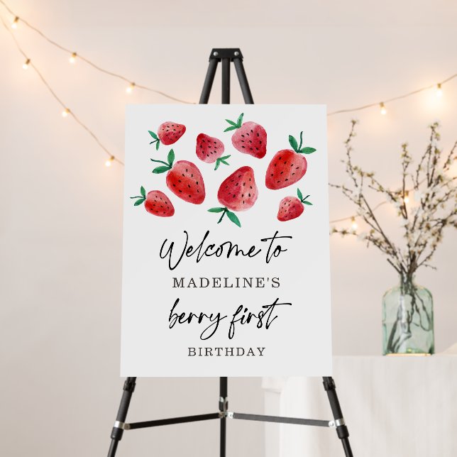 Strawberry Berry First Birthday Girl Sweet Welcome Foam Board (In Situ (Stand))