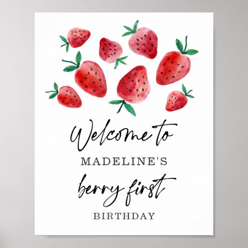 Strawberry Berry First Birthday Girl Sweet Welcome Poster