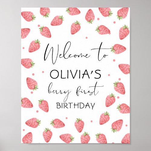 Strawberry Berry First Birthday Girl Sweet Welcome Poster