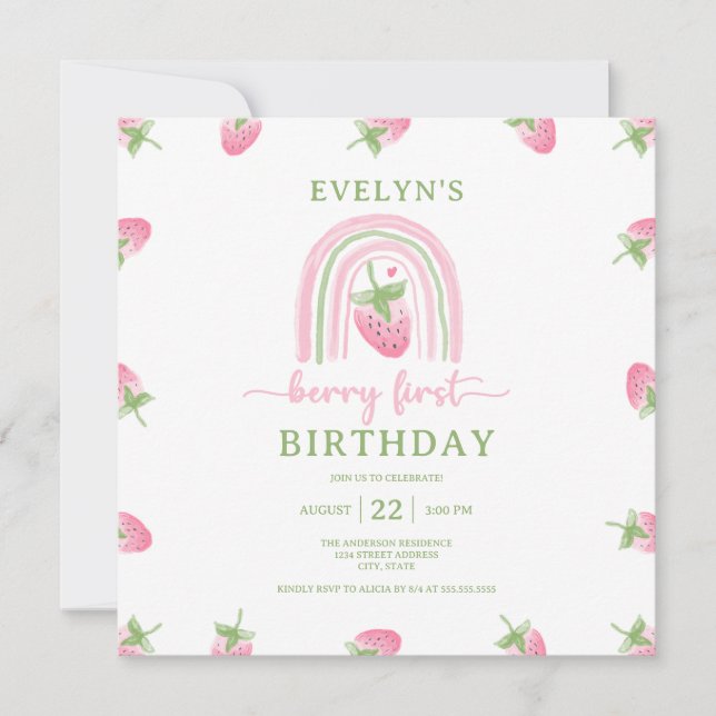 Strawberry Berry First Birthday Invitation (Front)