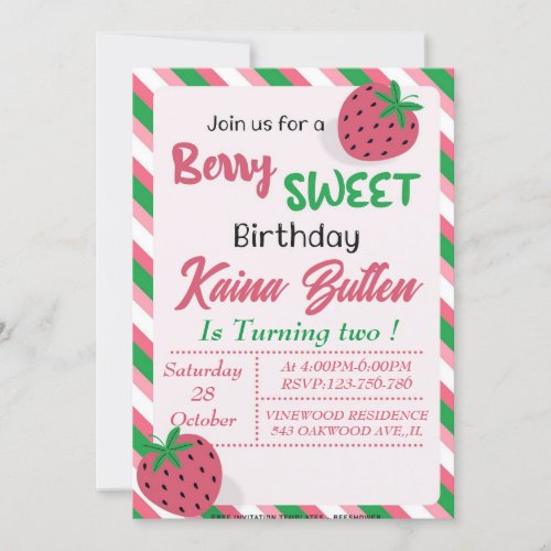 Strawberry berry first birthday invitation