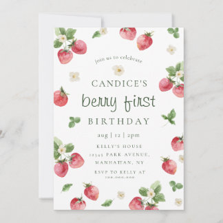 Strawberry berry first birthday invitation