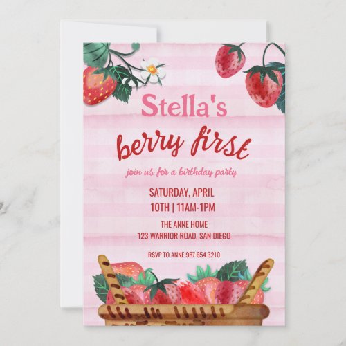 Strawberry Berry First Birthday Invitation