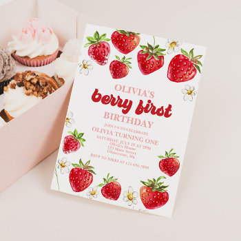 Strawberry Berry First Birthday Invitation by CharlotteGBoutique at Zazzle