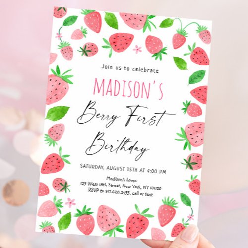 Strawberry Berry First Birthday Invitation