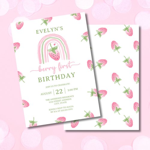 Strawberry Berry First Birthday Invitation