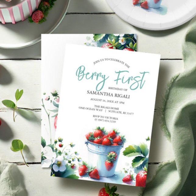 Strawberry Berry First Birthday Invitation (Berry first birthday invitation features watercolor strawberry art in shades of red. )