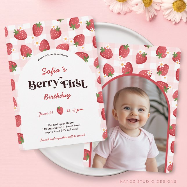 Strawberry Berry First Birthday Invitation (This Berry First 
Invitation is shown in size 5 x 7 in. Other sizes and digital available.)