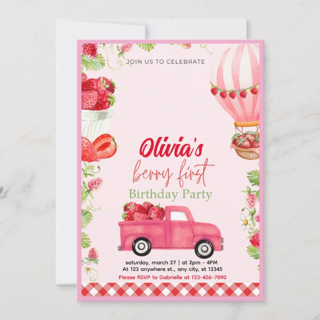 Strawberry Berry First Birthday Invitation (Front)