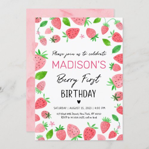 Strawberry Berry First Birthday Invitation