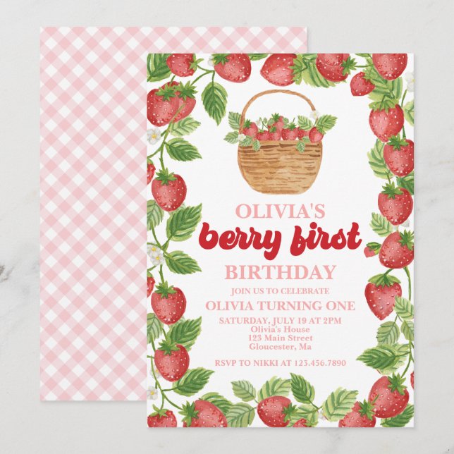 Strawberry Berry First Birthday Invitation (Front/Back)
