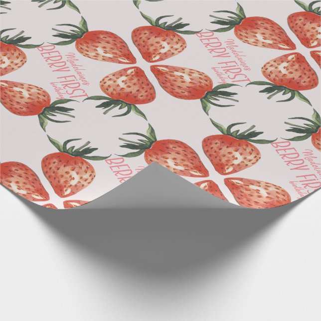 Strawberry Berry First Birthday Name Wrapping Paper (Corner)