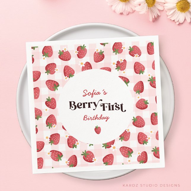 Strawberry Berry First Birthday Napkins (This personalized napkins have the size or a cocktail paper napkin. Perfect for a sweet birthday.)