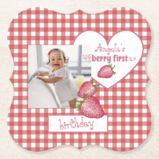 Strawberry Berry First Birthday Paper Coaster