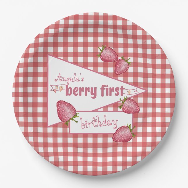Strawberry Berry First Birthday Paper Plates (Front)