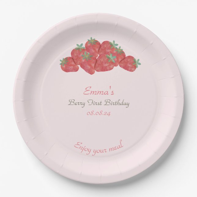 Strawberry Berry first birthday  Paper Plates (Front)