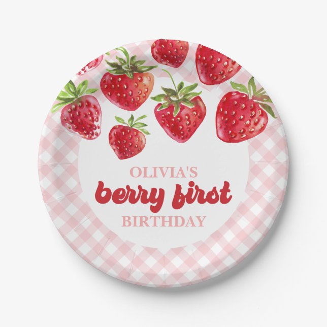 Strawberry Berry First Birthday Paper Plates (Front)