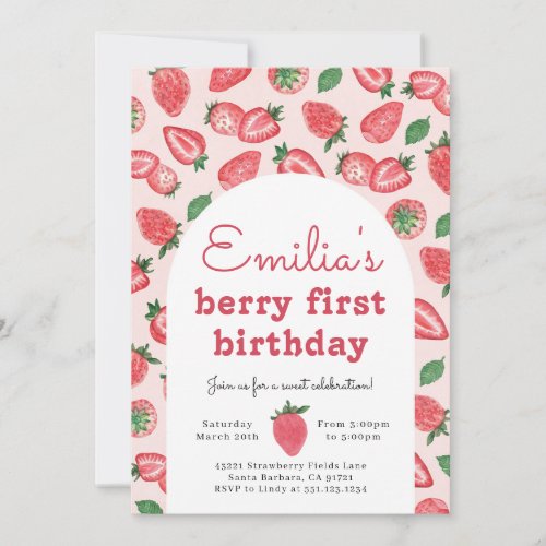 Strawberry Berry First Birthday Party Invitation