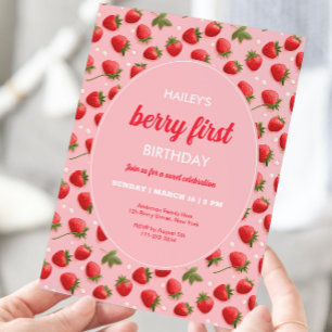 Strawberry Berry First Birthday Party Invitation
