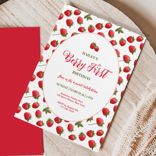 Strawberry Berry First Birthday Party Invitation