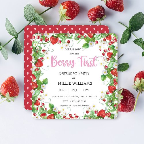 Strawberry  Berry First Birthday Party Invitation