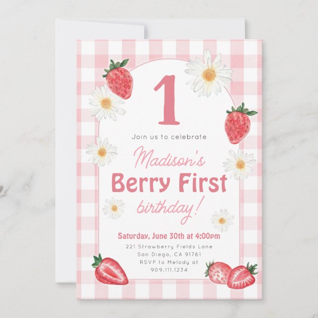 Strawberry Berry First Birthday Party Invitation (Front)