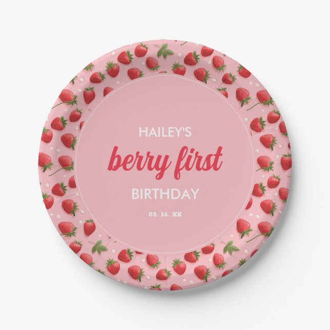 Strawberry Berry First Birthday Party Paper Plates (Front)