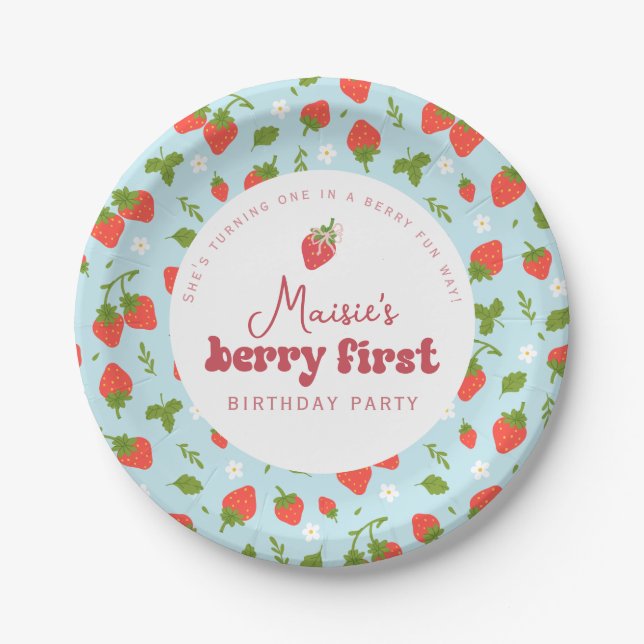 Strawberry Berry First Birthday Party Paper Plates (Front)